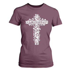 Blessed Floral Cross Christian Graphic T Shirt For Women Faith Inspired Minimalist Scripture TS02 Maroon Print Your Wear
