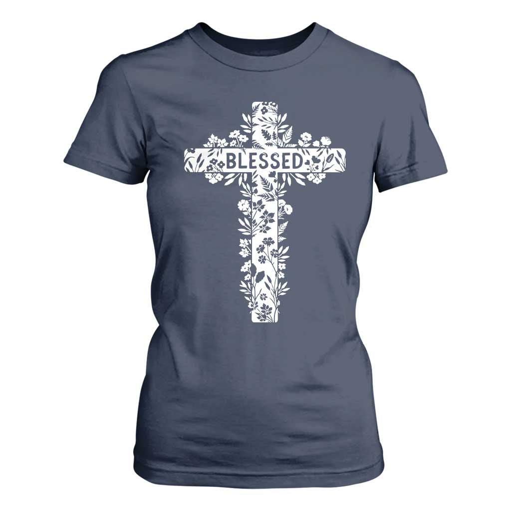 Blessed Floral Cross Christian Graphic T Shirt For Women Faith Inspired Minimalist Scripture TS02 Navy Print Your Wear