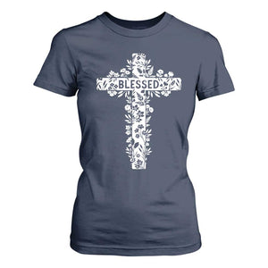 Blessed Floral Cross Christian Graphic T Shirt For Women Faith Inspired Minimalist Scripture TS02 Navy Print Your Wear
