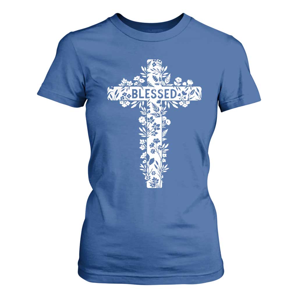 Blessed Floral Cross Christian Graphic T Shirt For Women Faith Inspired Minimalist Scripture