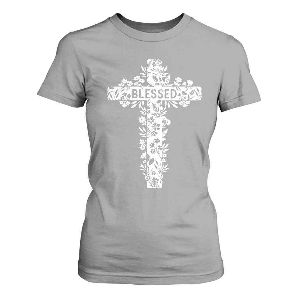 Blessed Floral Cross Christian Graphic T Shirt For Women Faith Inspired Minimalist Scripture TS02 Sport Gray Print Your Wear