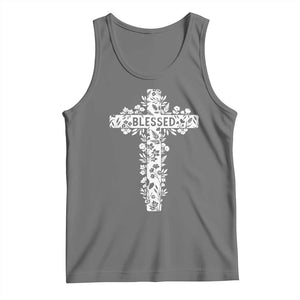 Blessed Floral Cross Christian Graphic Tank Top Faith Inspired Minimalist Scripture TS02 Black Heather Print Your Wear