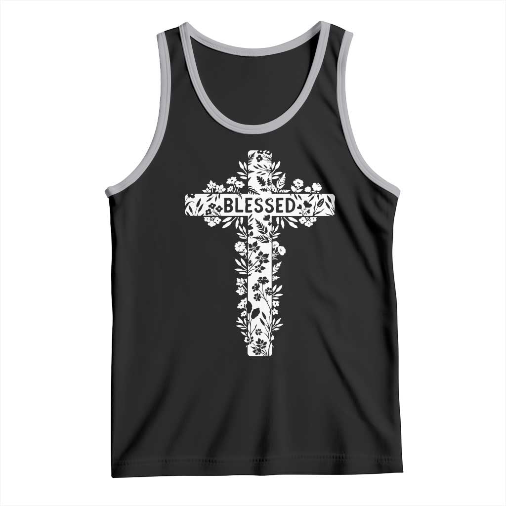 Blessed Floral Cross Christian Graphic Tank Top Faith Inspired Minimalist Scripture TS02 Black Athletic Heather Print Your Wear