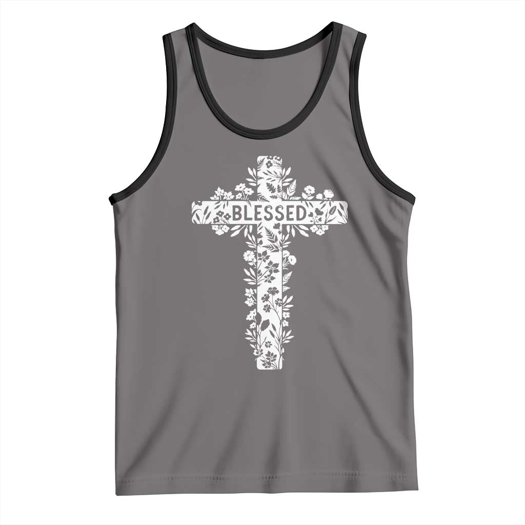 Blessed Floral Cross Christian Graphic Tank Top Faith Inspired Minimalist Scripture TS02 Deep Heather Black Print Your Wear