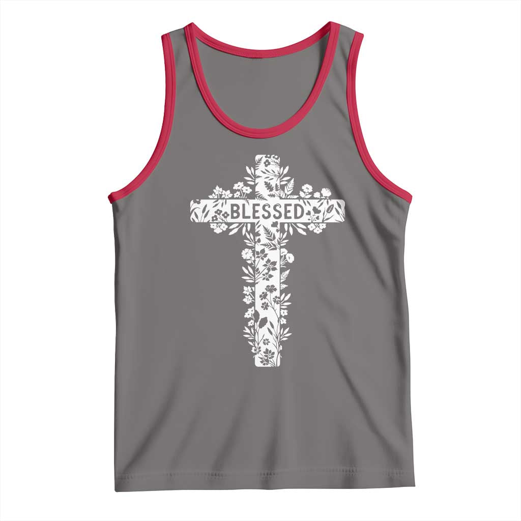 Blessed Floral Cross Christian Graphic Tank Top Faith Inspired Minimalist Scripture TS02 Deep Heather Red Print Your Wear