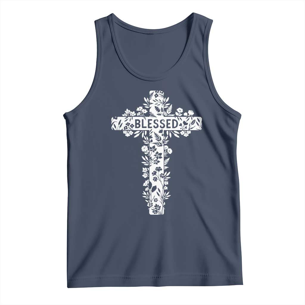 Blessed Floral Cross Christian Graphic Tank Top Faith Inspired Minimalist Scripture TS02 Navy Print Your Wear