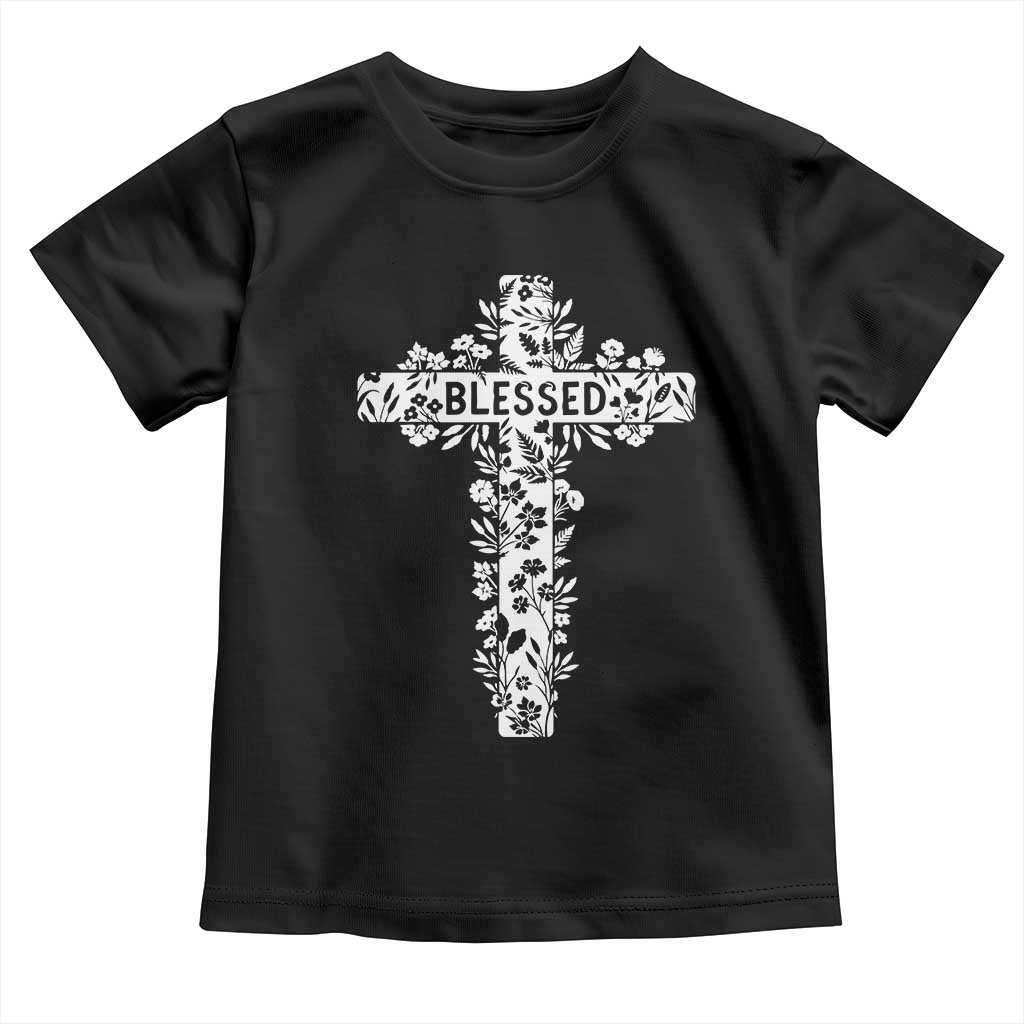 Blessed Floral Cross Christian Graphic Toddler T Shirt Faith Inspired Minimalist Scripture TS02 Black Print Your Wear