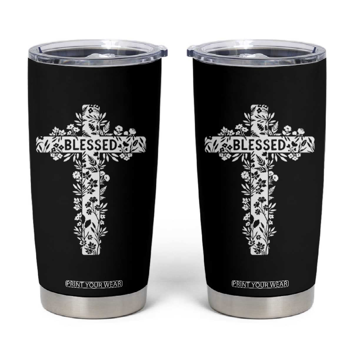 Blessed Floral Cross Christian Graphic Tumbler Cup Faith Inspired Minimalist Scripture TS02 Black Print Your Wear