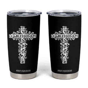 Blessed Floral Cross Christian Graphic Tumbler Cup Faith Inspired Minimalist Scripture TS02 Black Print Your Wear