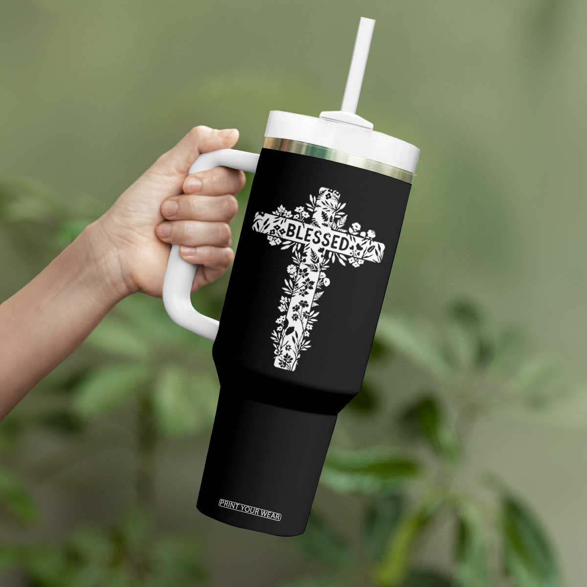 Blessed Floral Cross Christian Graphic Tumbler With Handle Faith Inspired Minimalist Scripture TS02 Print Your Wear