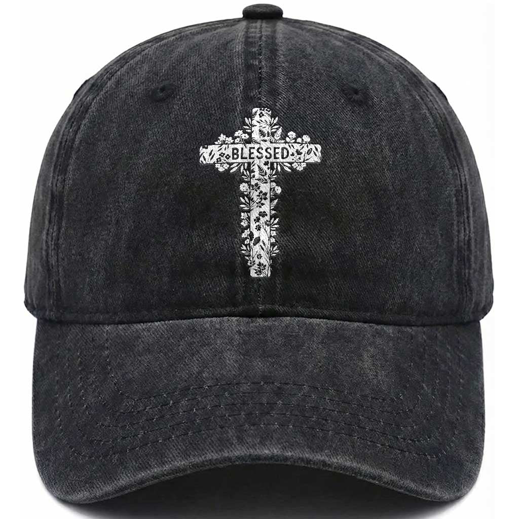 Blessed Floral Cross Christian Graphic Washed Cotton Baseball Cap Faith Inspired Minimalist Scripture TS02 Washed Cap Universal Fit Black Print Your Wear