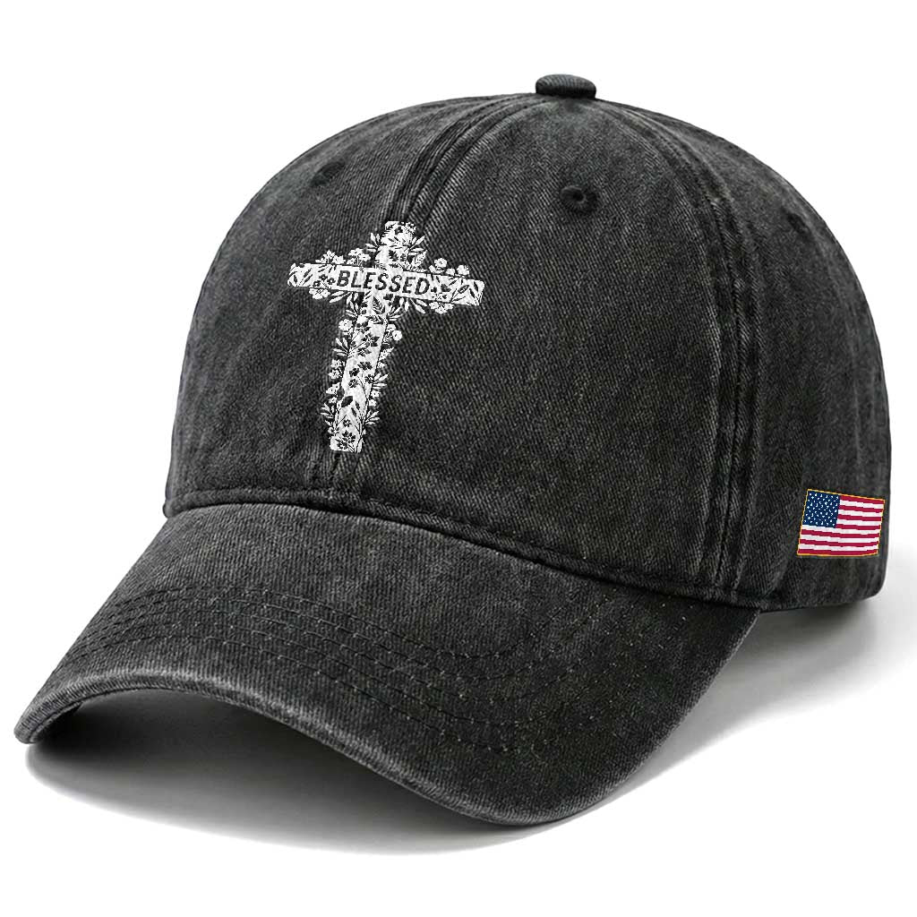 Blessed Floral Cross Christian Graphic Washed Cotton Baseball Cap Faith Inspired Minimalist Scripture TS02 Print Your Wear