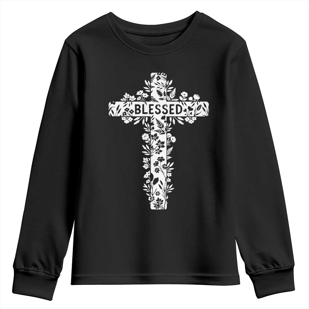 Blessed Floral Cross Christian Graphic Youth Sweatshirt Faith Inspired Minimalist Scripture