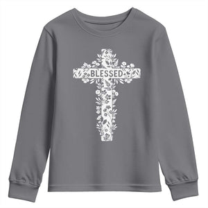 Blessed Floral Cross Christian Graphic Youth Sweatshirt Faith Inspired Minimalist Scripture TS02 Charcoal Print Your Wear
