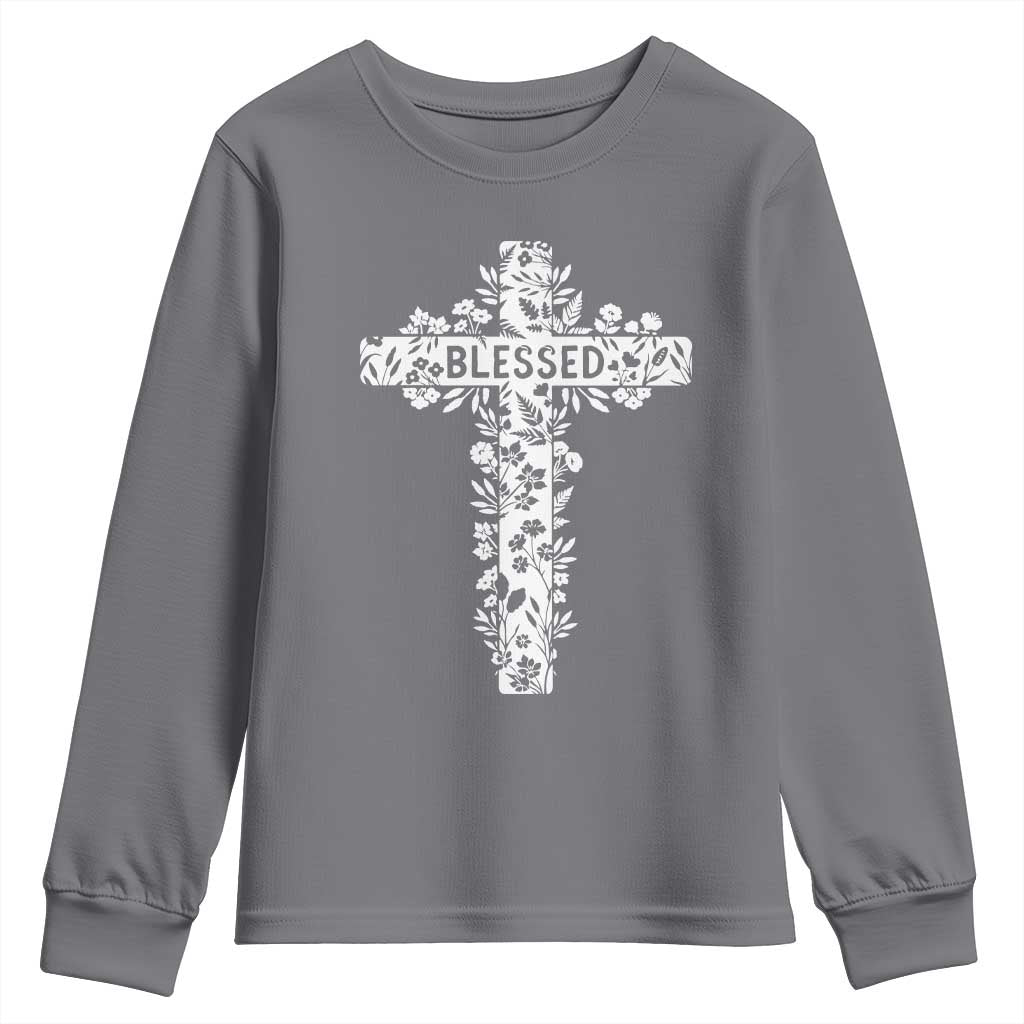 Blessed Floral Cross Christian Graphic Youth Sweatshirt Faith Inspired Minimalist Scripture