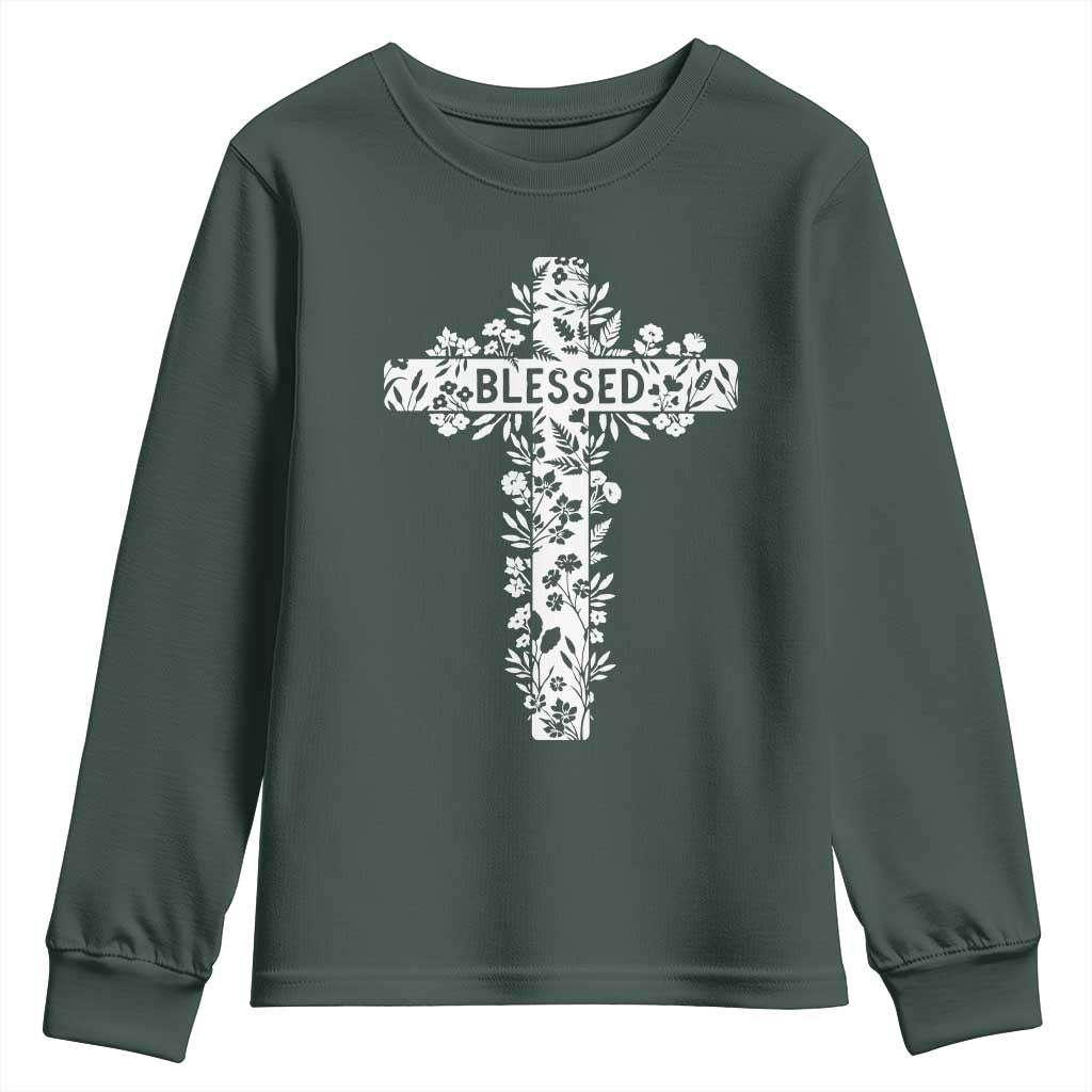 Blessed Floral Cross Christian Graphic Youth Sweatshirt Faith Inspired Minimalist Scripture TS02 Dark Forest Green Print Your Wear