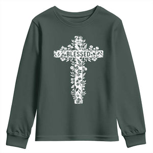 Blessed Floral Cross Christian Graphic Youth Sweatshirt Faith Inspired Minimalist Scripture TS02 Dark Forest Green Print Your Wear