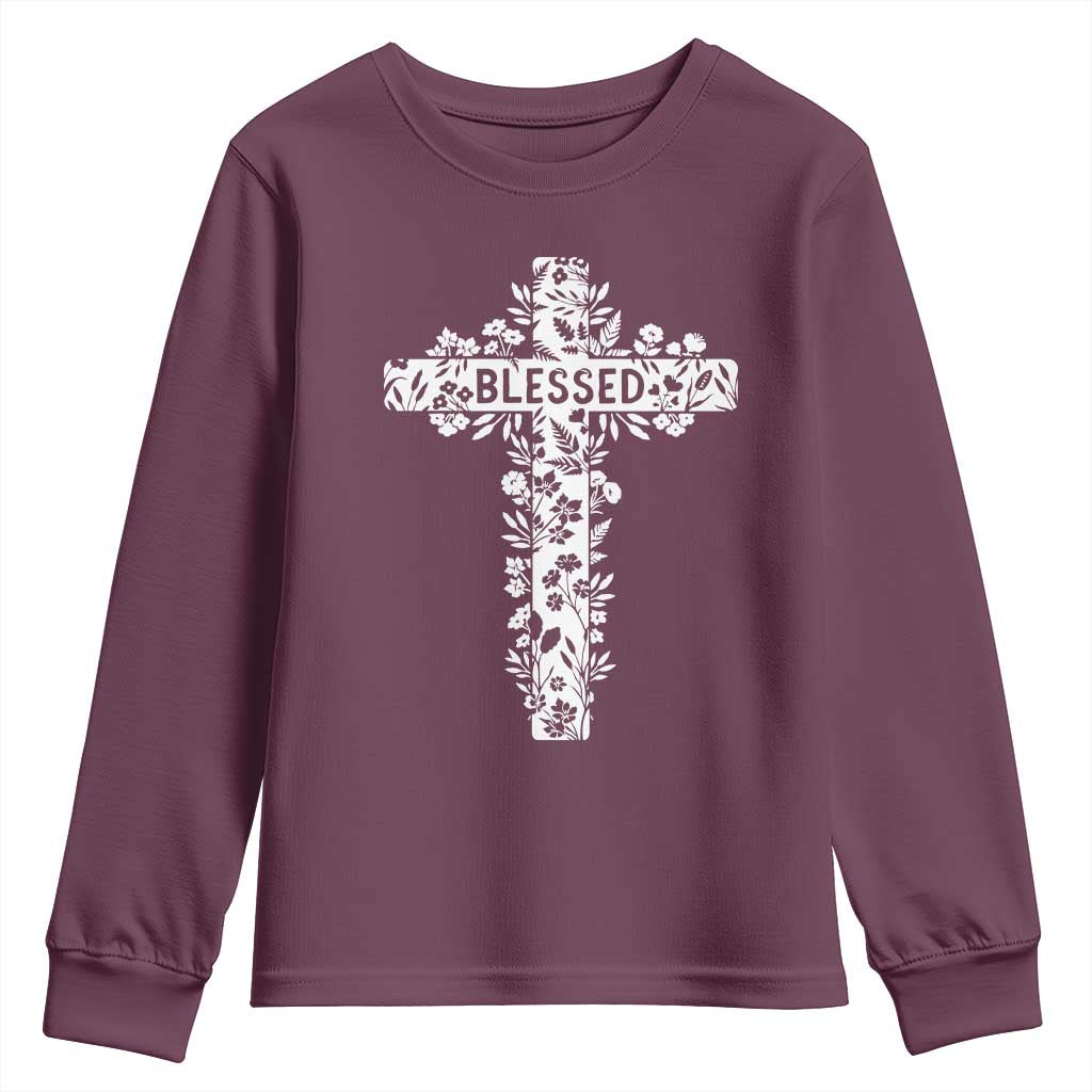 Blessed Floral Cross Christian Graphic Youth Sweatshirt Faith Inspired Minimalist Scripture TS02 Maroon Print Your Wear
