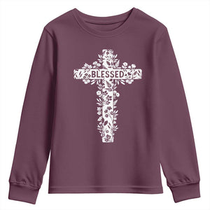 Blessed Floral Cross Christian Graphic Youth Sweatshirt Faith Inspired Minimalist Scripture TS02 Maroon Print Your Wear