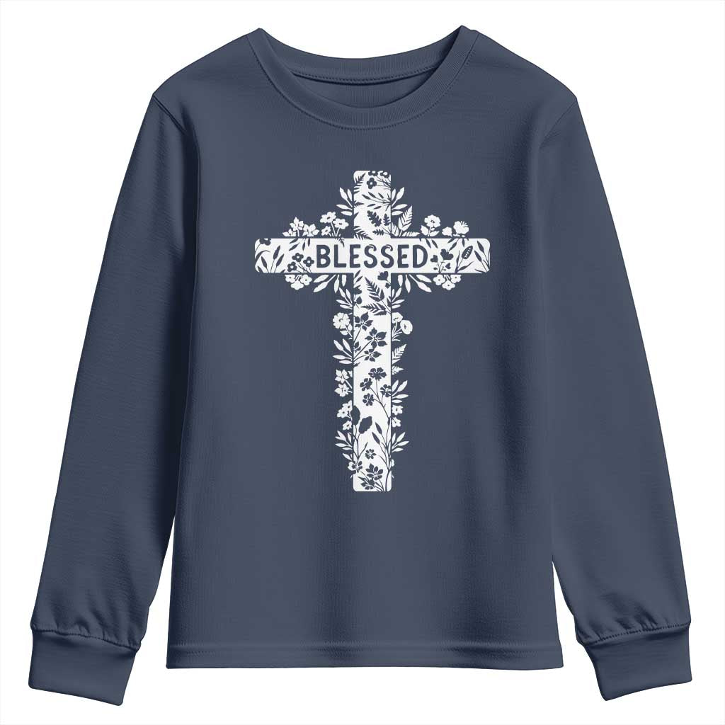 Blessed Floral Cross Christian Graphic Youth Sweatshirt Faith Inspired Minimalist Scripture TS02 Navy Print Your Wear