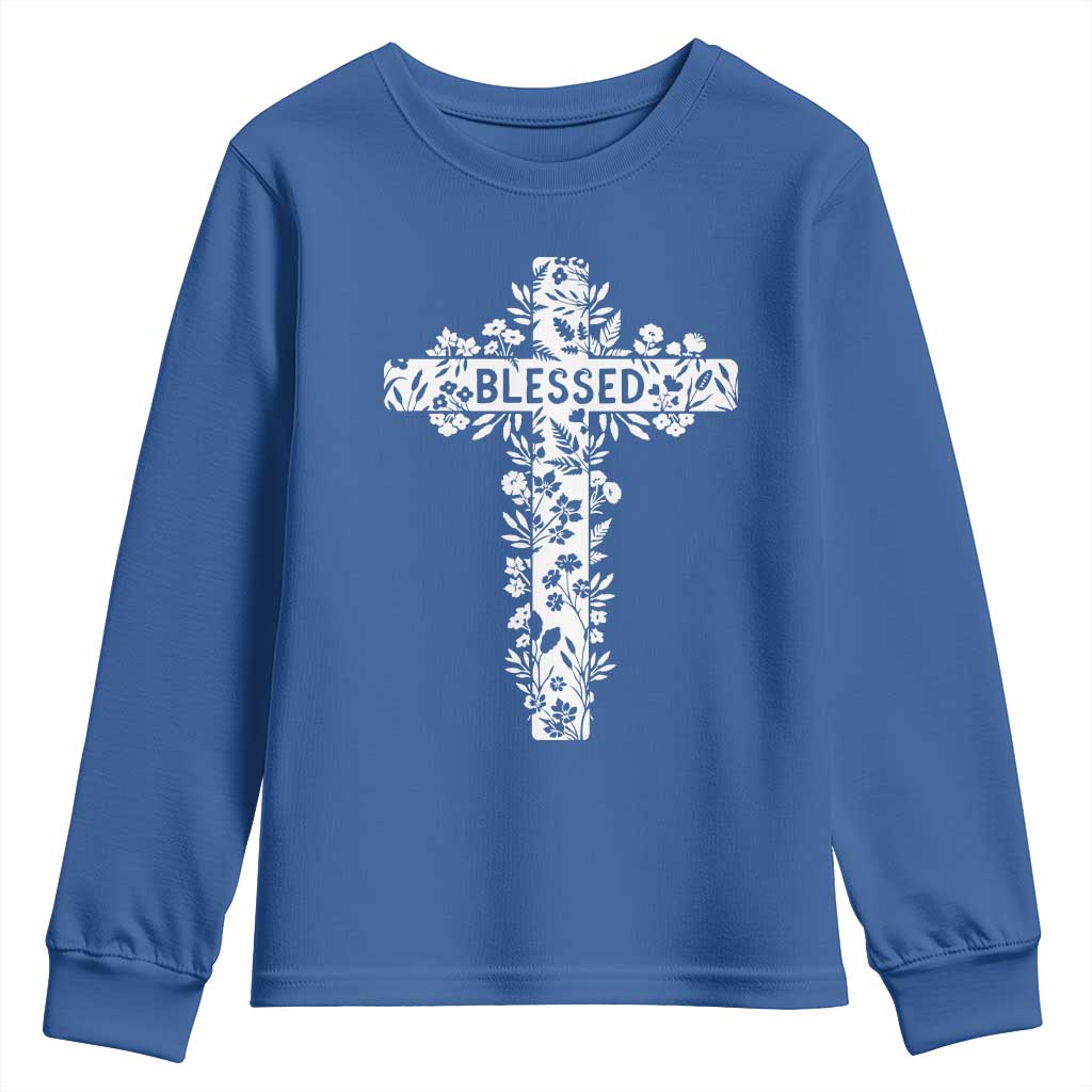 Blessed Floral Cross Christian Graphic Youth Sweatshirt Faith Inspired Minimalist Scripture TS02 Royal Blue Print Your Wear