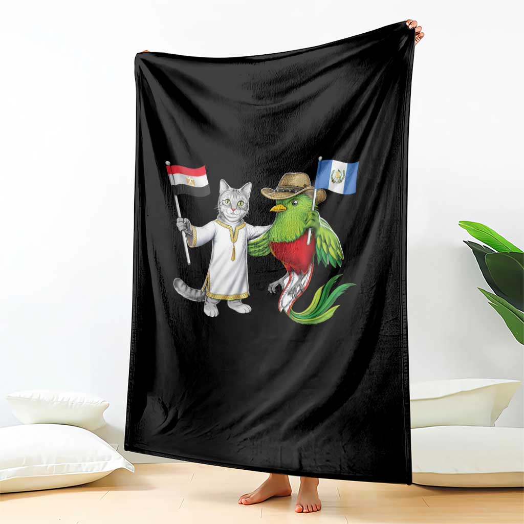 Egypt and Guatemala Friendship Heritage Pride Throw Blanket Cute Cat and Quetzal Holding Flag TS02 Print Your Wear