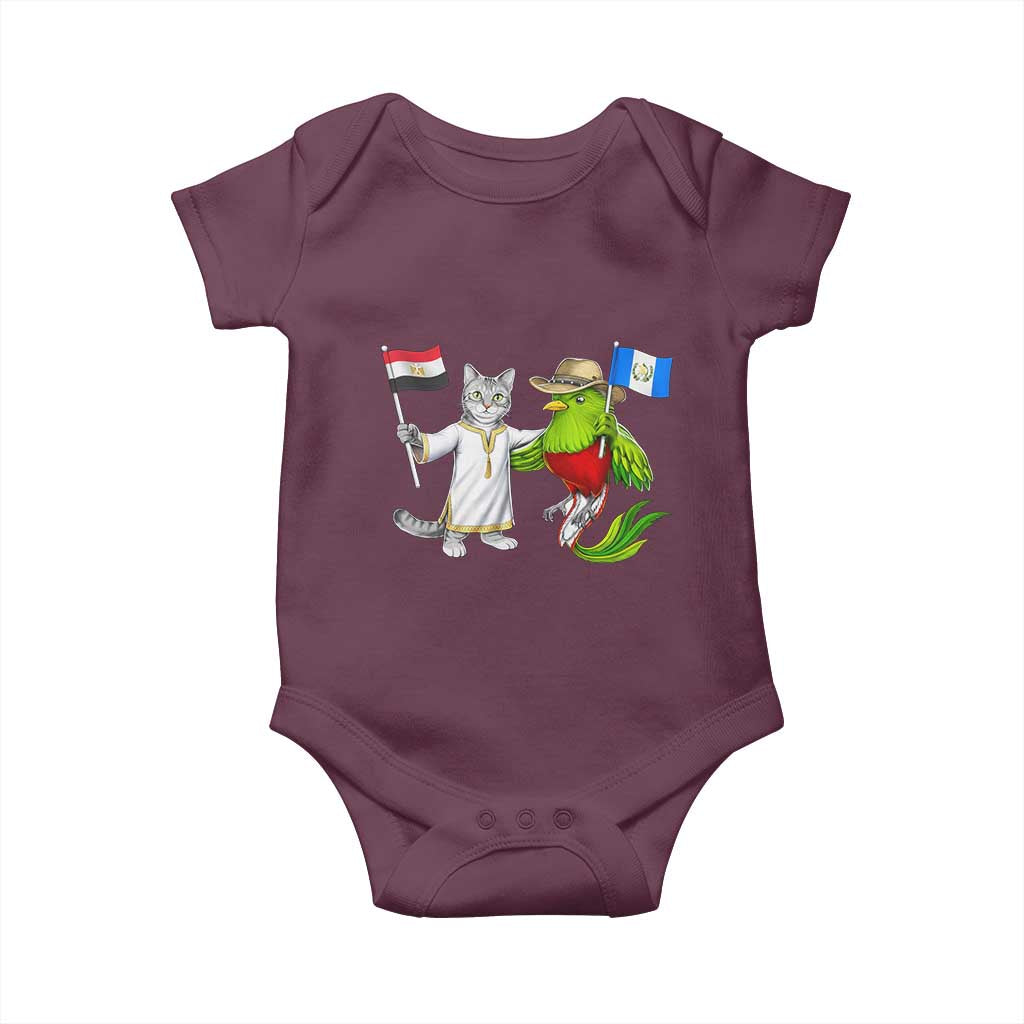 Egypt and Guatemala Friendship Heritage Pride Baby Onesie Cute Cat and Quetzal Holding Flag TS02 Maroon Print Your Wear