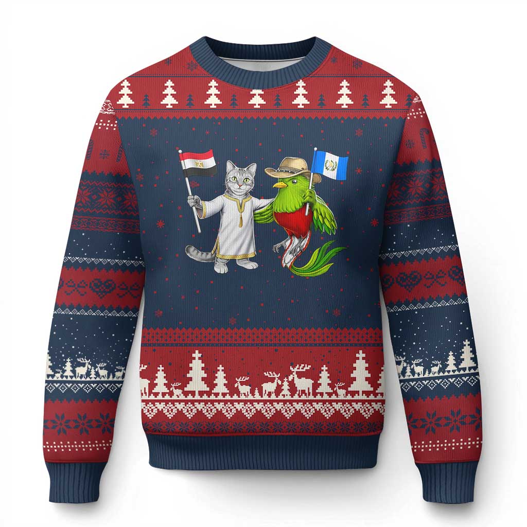 Egypt and Guatemala Friendship Heritage Pride Ugly Christmas Sweater Cute Cat and Quetzal Holding Flag TS02 Navy Red Print Your Wear