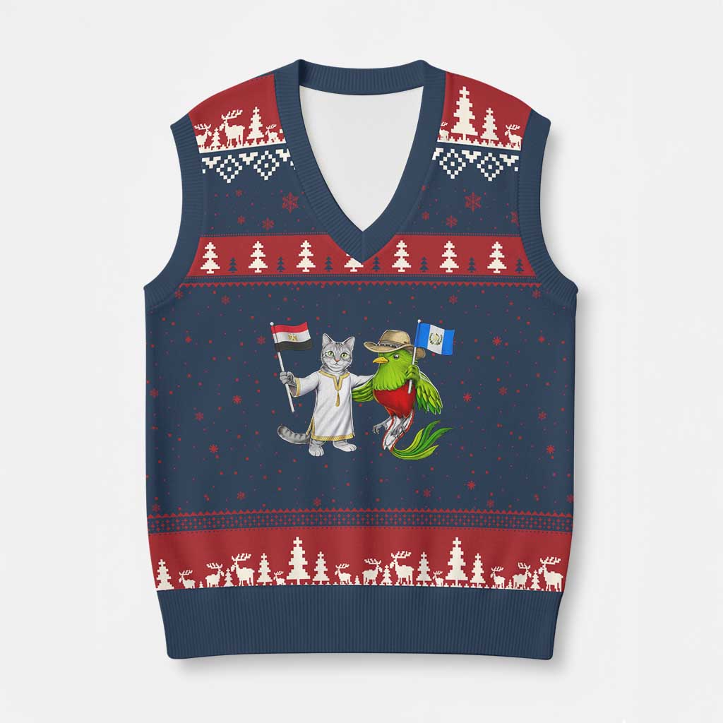 Egypt and Guatemala Friendship Heritage Pride V-Neck Knit Sweater Vest Cute Cat and Quetzal Holding Flag TS02 Navy Red Print Your Wear