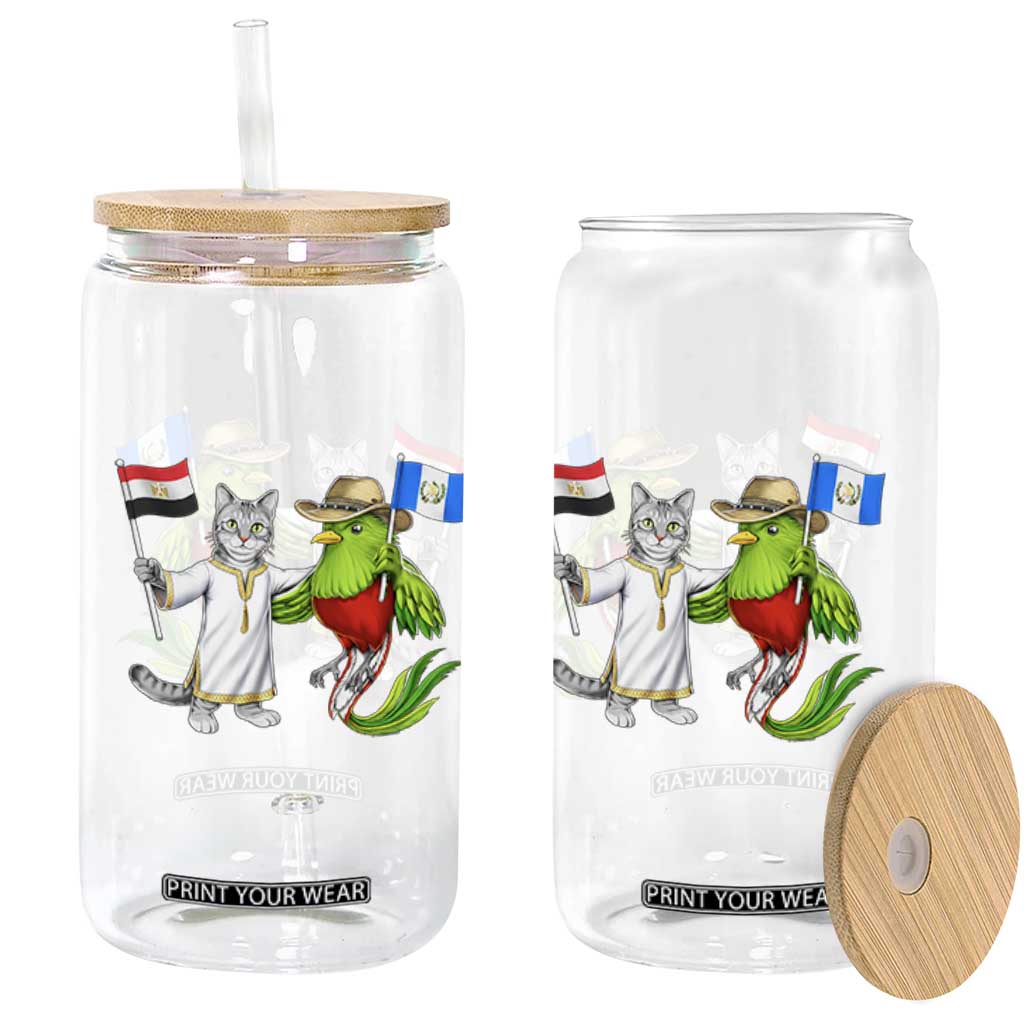 Egypt and Guatemala Friendship Heritage Pride Glass Can Cute Cat and Quetzal Holding Flag TS02 Print Your Wear