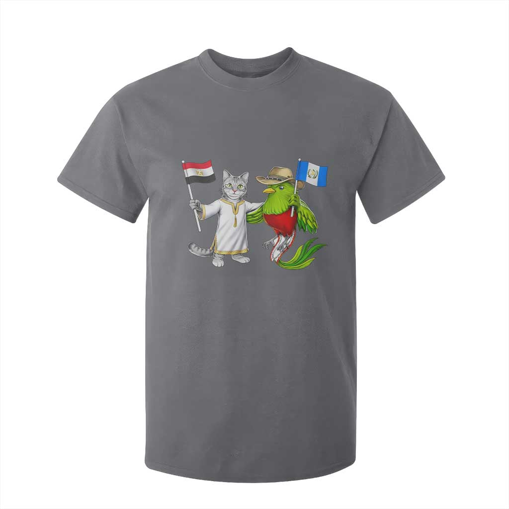 Egypt and Guatemala Friendship Heritage Pride T Shirt For Kid Cute Cat and Quetzal Holding Flag TS02 Charcoal Print Your Wear