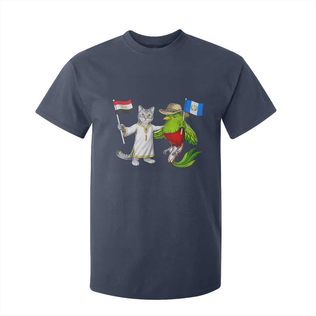 Egypt and Guatemala Friendship Heritage Pride T Shirt For Kid Cute Cat and Quetzal Holding Flag TS02 Navy Print Your Wear