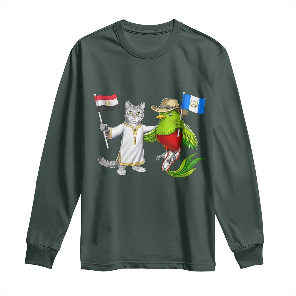 Egypt and Guatemala Friendship Heritage Pride Long Sleeve Shirt Cute Cat and Quetzal Holding Flag TS02 Dark Forest Green Print Your Wear