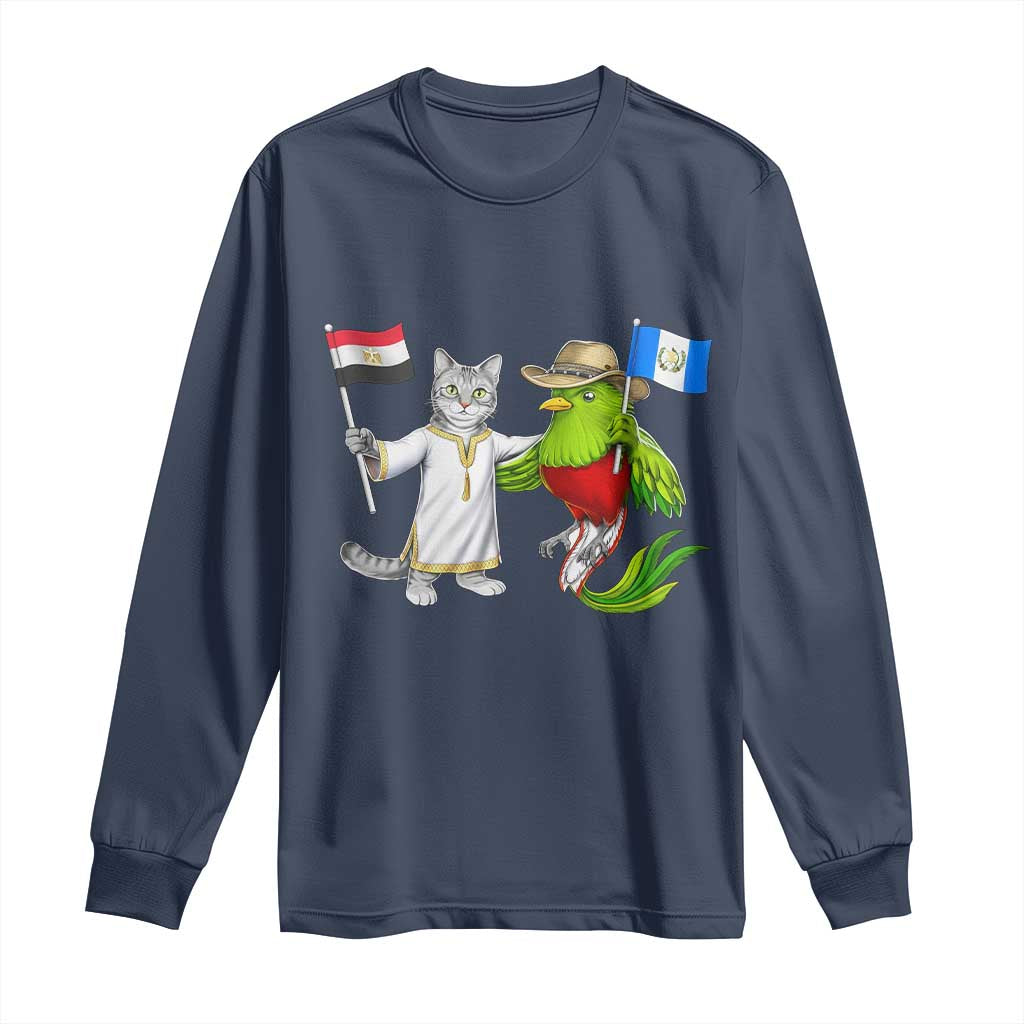 Egypt and Guatemala Friendship Heritage Pride Long Sleeve Shirt Cute Cat and Quetzal Holding Flag TS02 Navy Print Your Wear