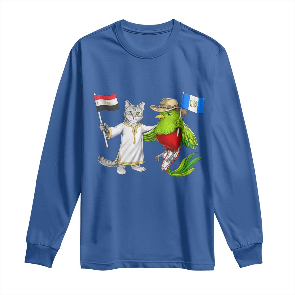 Egypt and Guatemala Friendship Heritage Pride Long Sleeve Shirt Cute Cat and Quetzal Holding Flag TS02 Royal Blue Print Your Wear