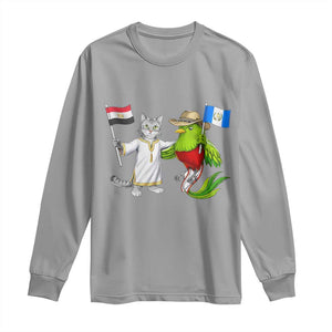 Egypt and Guatemala Friendship Heritage Pride Long Sleeve Shirt Cute Cat and Quetzal Holding Flag TS02 Sport Gray Print Your Wear