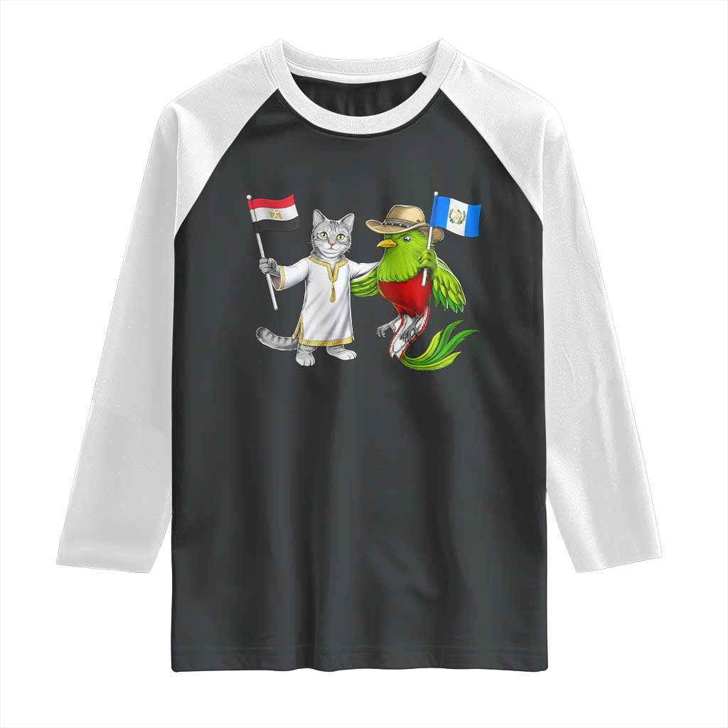 Egypt and Guatemala Friendship Heritage Pride Raglan Shirt Cute Cat and Quetzal Holding Flag TS02 Black White Print Your Wear