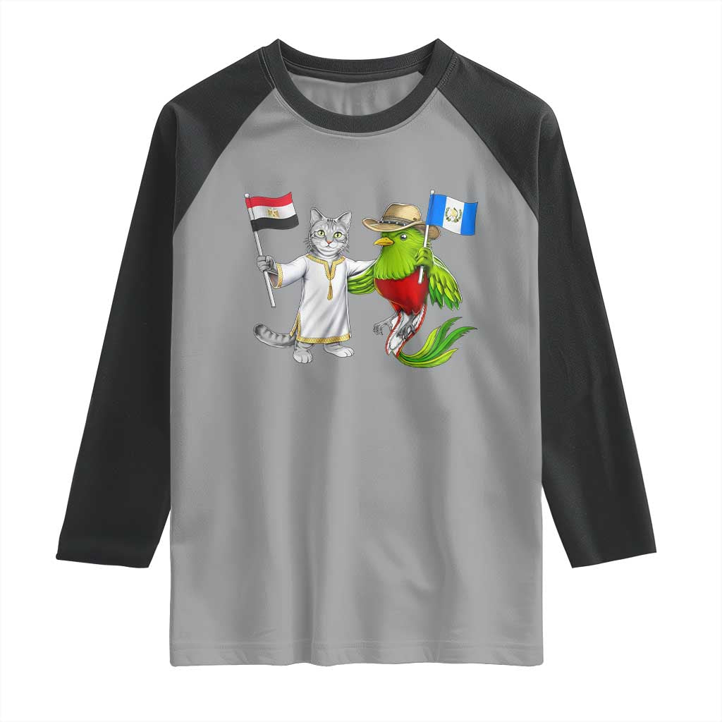 Egypt and Guatemala Friendship Heritage Pride Raglan Shirt Cute Cat and Quetzal Holding Flag TS02 Sport Gray Black Print Your Wear