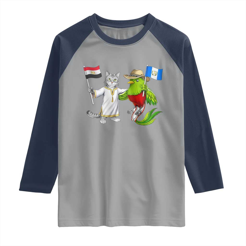 Egypt and Guatemala Friendship Heritage Pride Raglan Shirt Cute Cat and Quetzal Holding Flag TS02 Sport Gray Navy Print Your Wear