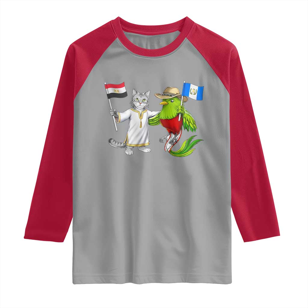 Egypt and Guatemala Friendship Heritage Pride Raglan Shirt Cute Cat and Quetzal Holding Flag TS02 Sport Gray Red Print Your Wear