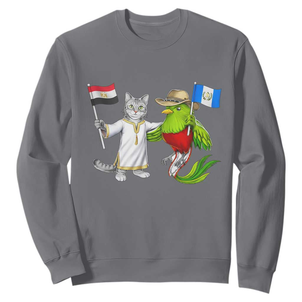 Egypt and Guatemala Friendship Heritage Pride Sweatshirt Cute Cat and Quetzal Holding Flag TS02 Charcoal Print Your Wear