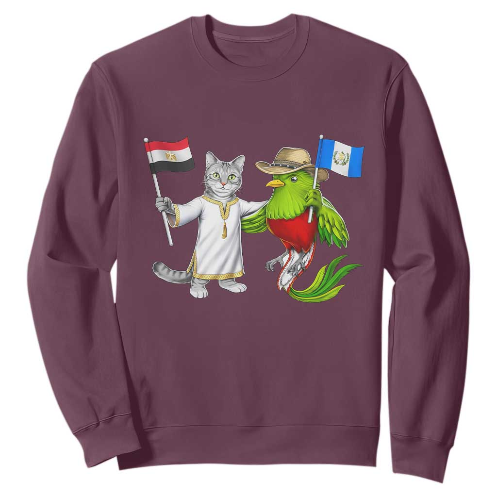 Egypt and Guatemala Friendship Heritage Pride Sweatshirt Cute Cat and Quetzal Holding Flag TS02 Maroon Print Your Wear
