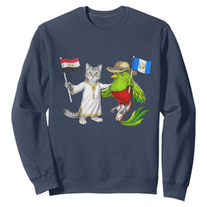 Egypt and Guatemala Friendship Heritage Pride Sweatshirt Cute Cat and Quetzal Holding Flag TS02 Navy Print Your Wear