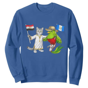 Egypt and Guatemala Friendship Heritage Pride Sweatshirt Cute Cat and Quetzal Holding Flag TS02 Royal Blue Print Your Wear