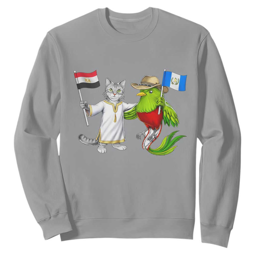 Egypt and Guatemala Friendship Heritage Pride Sweatshirt Cute Cat and Quetzal Holding Flag TS02 Sport Gray Print Your Wear