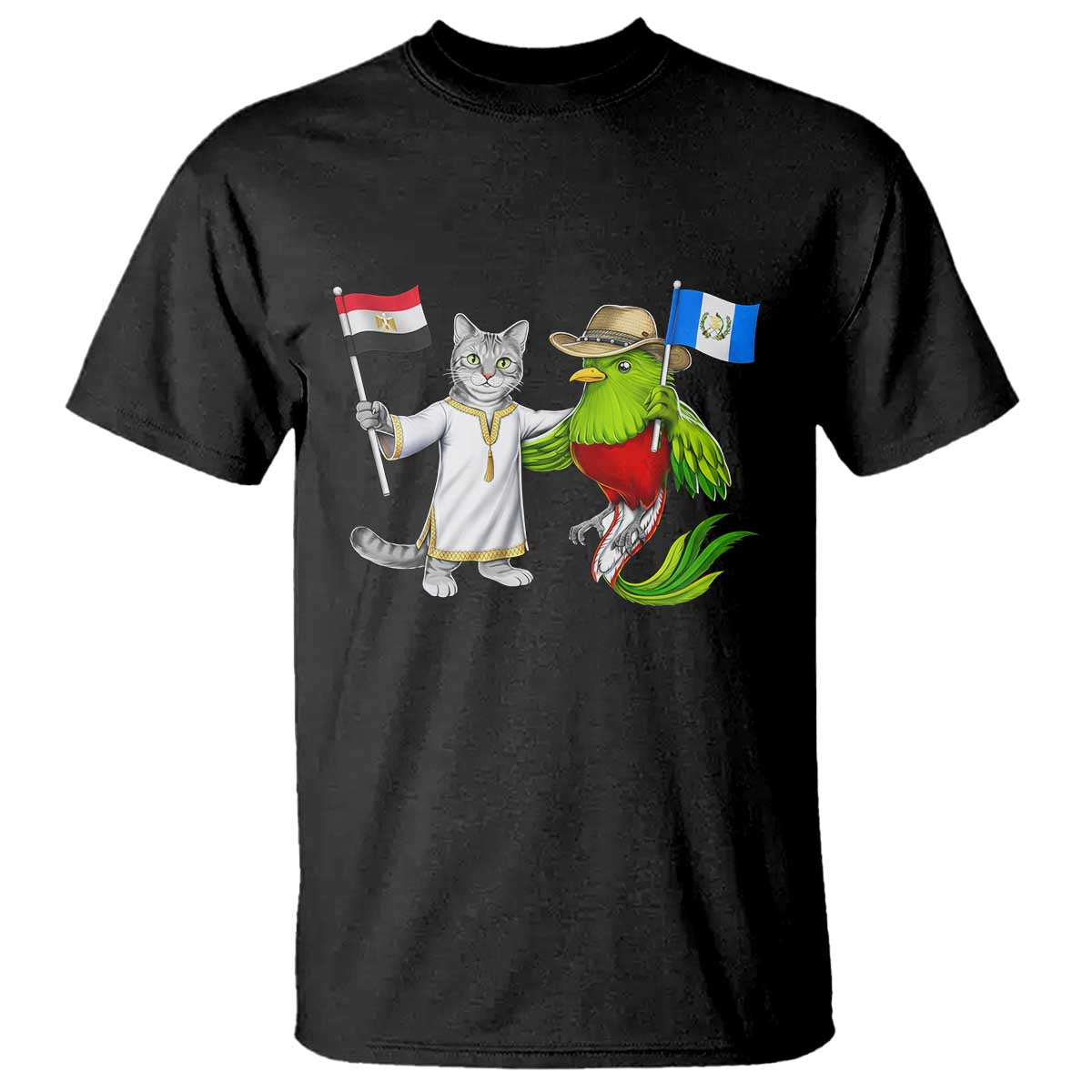Egypt and Guatemala Friendship Heritage Pride T Shirt Cute Cat and Quetzal Holding Flag TS02 Black Print Your Wear