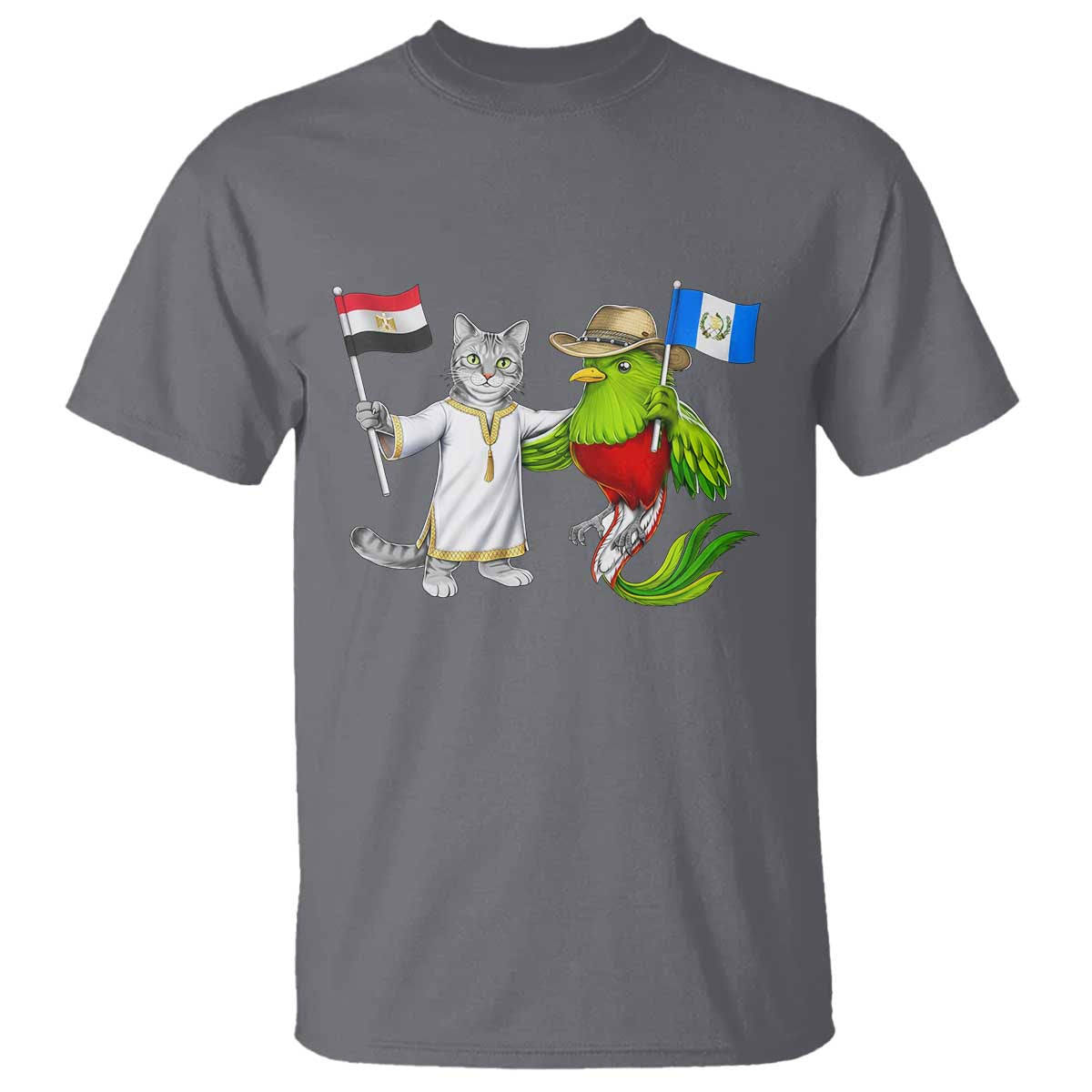Egypt and Guatemala Friendship Heritage Pride T Shirt Cute Cat and Quetzal Holding Flag TS02 Charcoal Print Your Wear