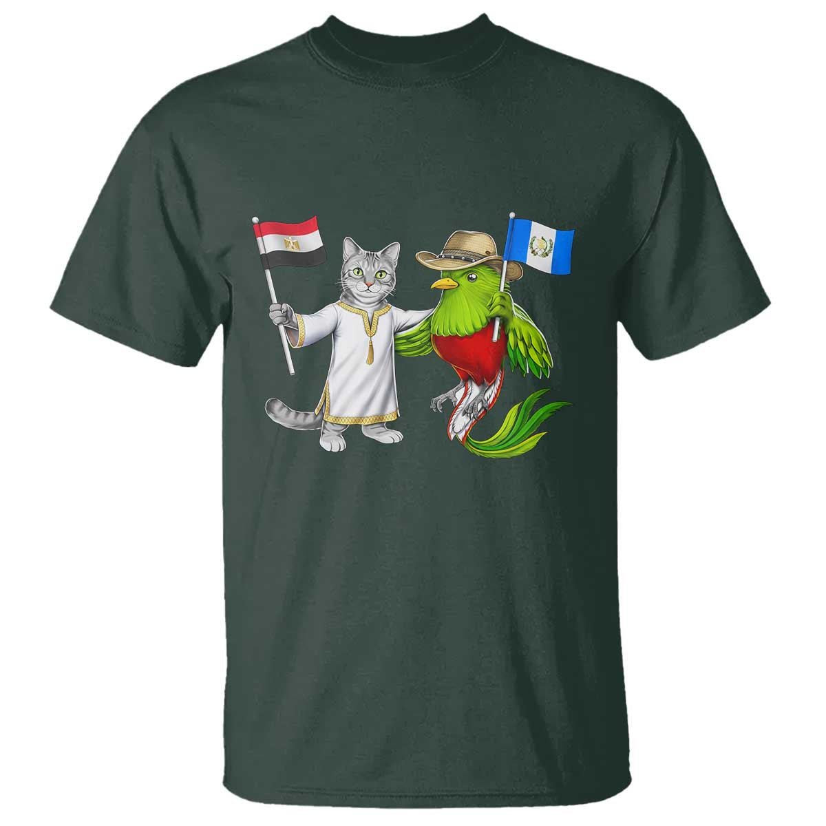 Egypt and Guatemala Friendship Heritage Pride T Shirt Cute Cat and Quetzal Holding Flag TS02 Dark Forest Green Print Your Wear