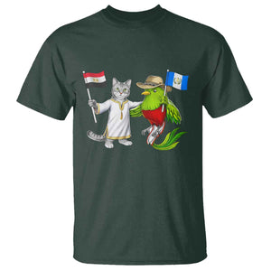 Egypt and Guatemala Friendship Heritage Pride T Shirt Cute Cat and Quetzal Holding Flag TS02 Dark Forest Green Print Your Wear