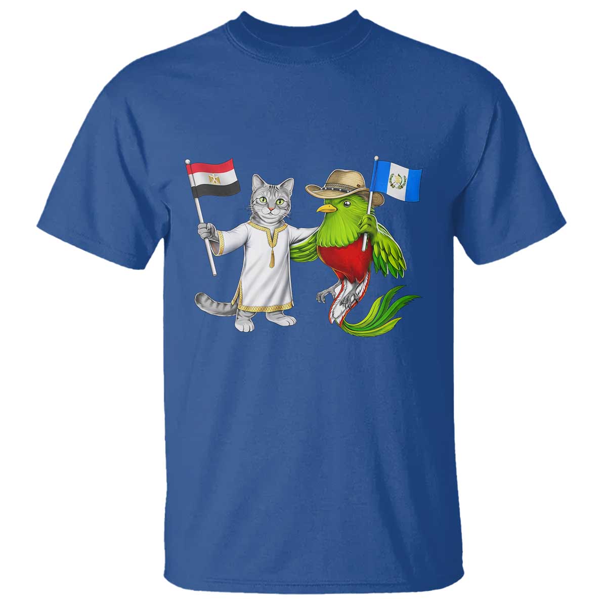 Egypt and Guatemala Friendship Heritage Pride T Shirt Cute Cat and Quetzal Holding Flag TS02 Royal Blue Print Your Wear